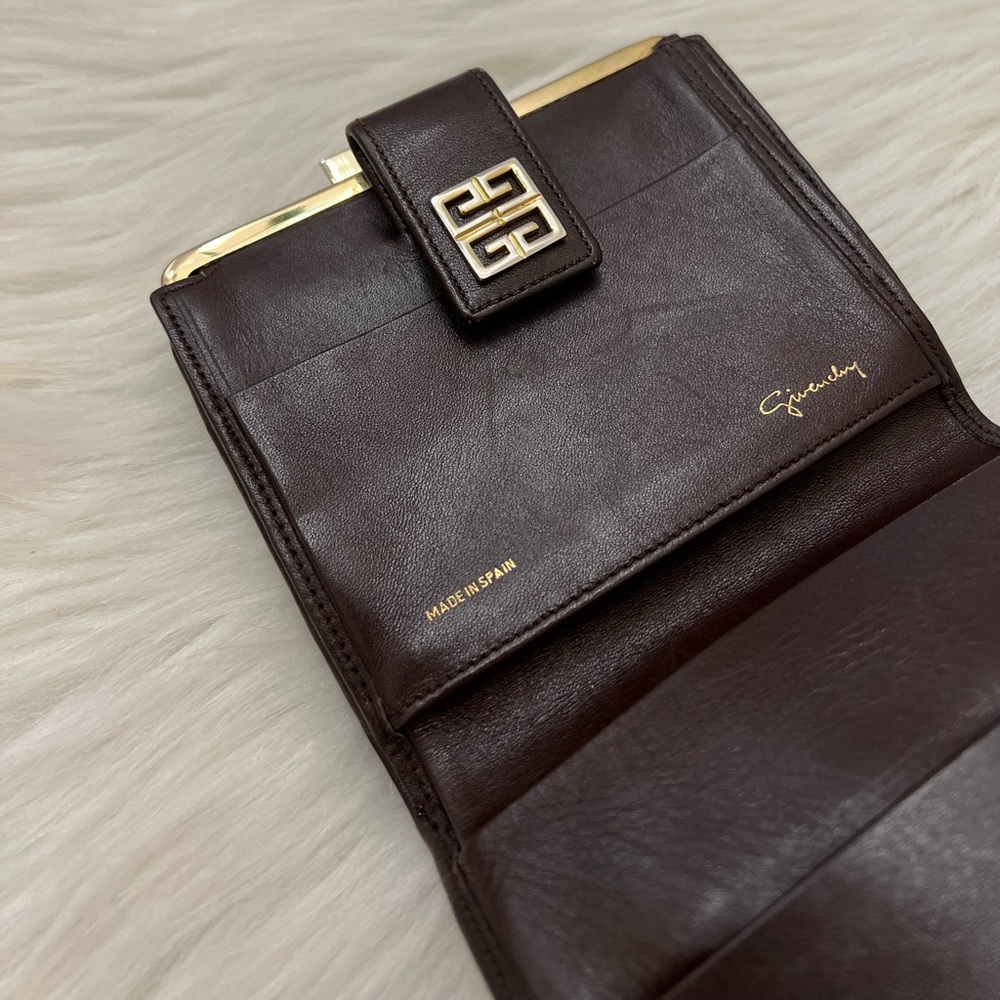 GIVENCHY - BROWN TAN CANVAS LEATHER COMPACT BIFOLD SNAP WALLET - Picture 8 of 10